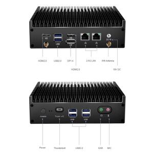 Mini PC industrial fanless Core i7-8565U com 16GB RAM e SSD NVMe 1TB, dual LAN e múltiplas portas para automação e controle