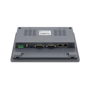 IHM industrial G2070HE com tela TFT resistiva 7 polegadas, resolução 1024x600px, 16,77 milhões de cores, brilho 450 cd/m², CPU 1,5GHz, 4GB eMMC, 512MB RAM, proteção IP65, Ethernet 10/100 Mbps e interfaces RS232, RS422, RS485