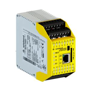 CLP de segurança Wieland SP-COP2-EN-M-A com alimentação 24VDC, monitoramento motion safety, 16 entradas seguras, 4 saídas OSSD, 4 I/Os configuráveis, entradas rápidas até 70kHz, Ethernet TCP/IP, USB Mini-B e certificação SIL3 PL e Categoria 4
