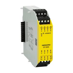 Módulo de expansão Wieland SP-SDIO84-P1-K-A 24VDC com 8 entradas digitais seguras, 4 saídas OSSD, certificação SIL3 PL e Categoria 4, montagem em trilho DIN e terminais a parafuso para sistemas de segurança industrial