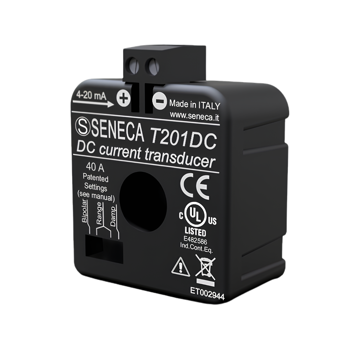 Transdutor de corrente CC/CC T201DC Seneca 0-40 A saída 4-20 mA loop powered IP20 para automação industrial