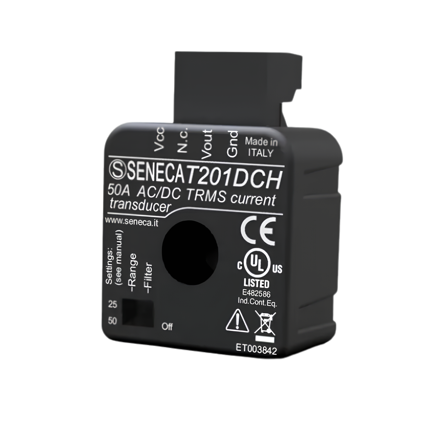Transdutor de corrente CA/CC T201DCH Seneca efeito Hall 25-50A saída 0-10V para automação industrial