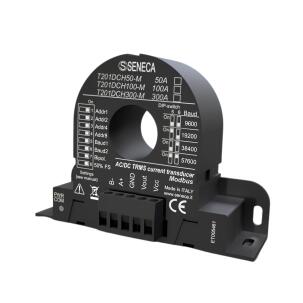 Transdutor de corrente CA/CC T201DCH100-M Seneca efeito Hall 100A saída 0-10V Modbus RS485 IP20
