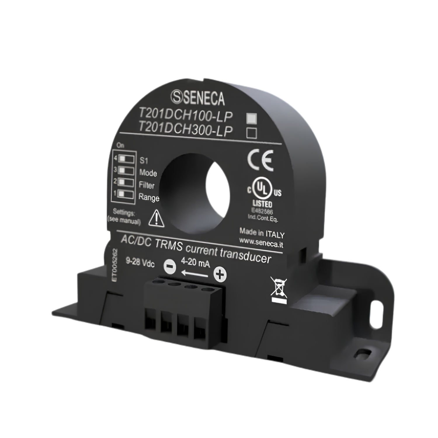 Transdutor de corrente CA/CC T201DCH300-LP Seneca efeito Hall 300A saída 4-20 mA loop powered IP20