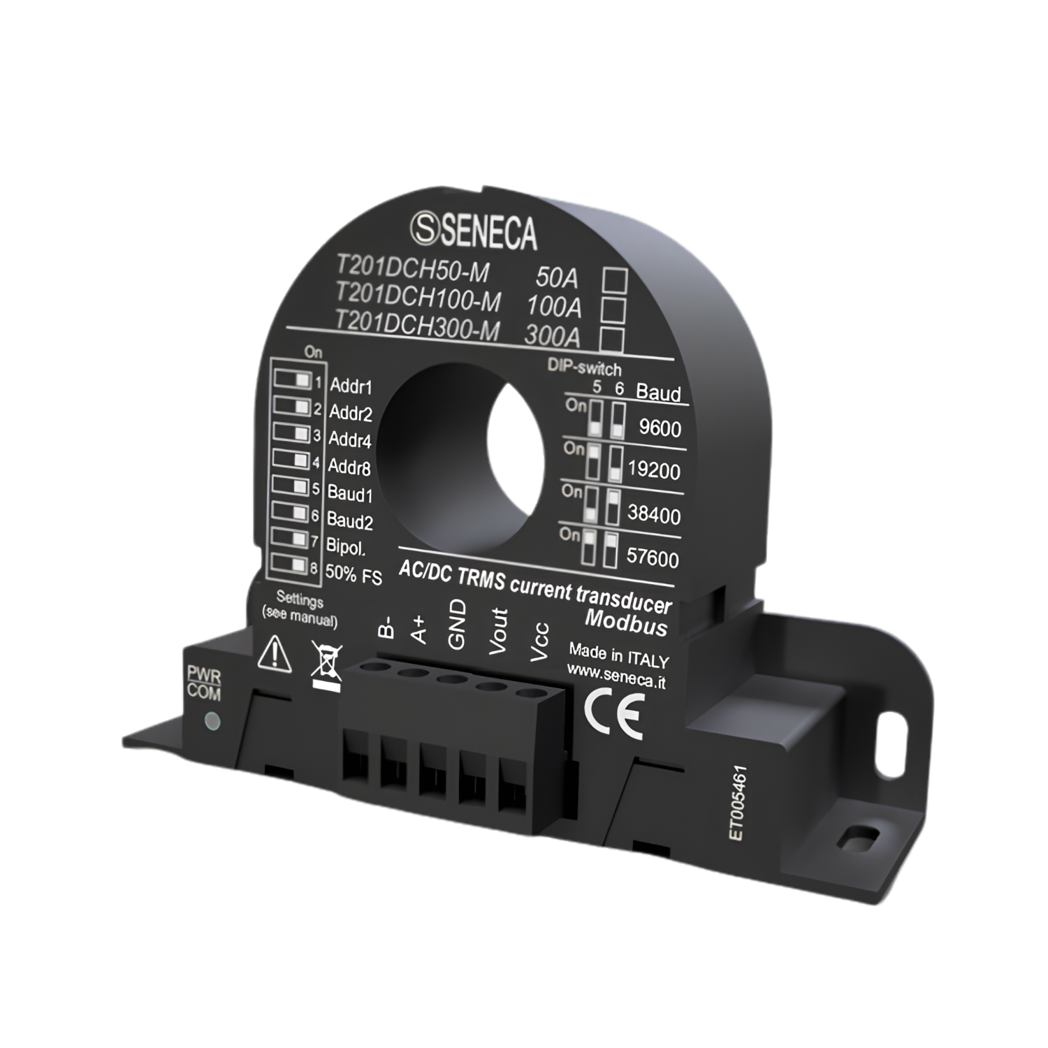 Transdutor de corrente CA/CC T201DCH300-M Seneca efeito Hall 300A saída 0-10V Modbus RS485 IP20