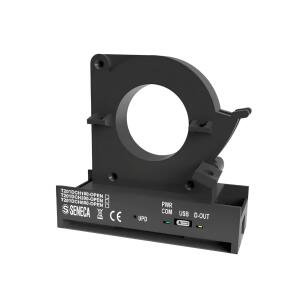 Transdutor de corrente T201DCH300-OPEN Seneca bipartido núcleo aberto com efeito Hall, medição CA/CC até 300A TRMS e bipolar, saída analógica 0-10Vcc, Modbus RTU RS485, USB, alimentação 12-28Vcc e proteção IP21