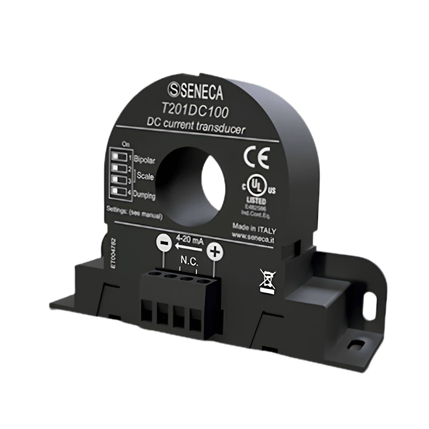 Transdutor de corrente CA/CC bipartido Seneca T201DCH100-OPEN com medição até 100A RMS, saída analógica 0-10V, comunicação Modbus RTU RS485 e USB, alimentação 11,5-28Vcc, condutor até 35mm e IP20 para monitoramento industrial