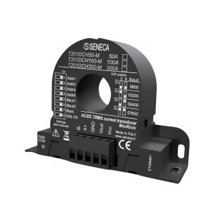 Transdutor de corrente CA/CC Seneca T201DCH50-MU com medição até 50A RMS, saída analógica 0-10V, comunicação Modbus RTU RS485, USB, alarme PNP, alimentação 12-28Vcc, condutor 20,8mm e IP20 para automação industrial