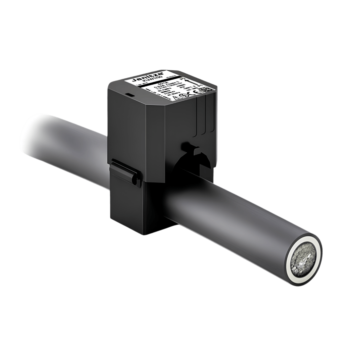 Transformador de corrente bipartido Janitza KUW1/30-250 com relação 250/1A, classe de precisão 1, diâmetro interno até 18mm, cabo de 3 metros e consumo 0,2VA para monitoramento e proteção em sistemas elétricos industriais